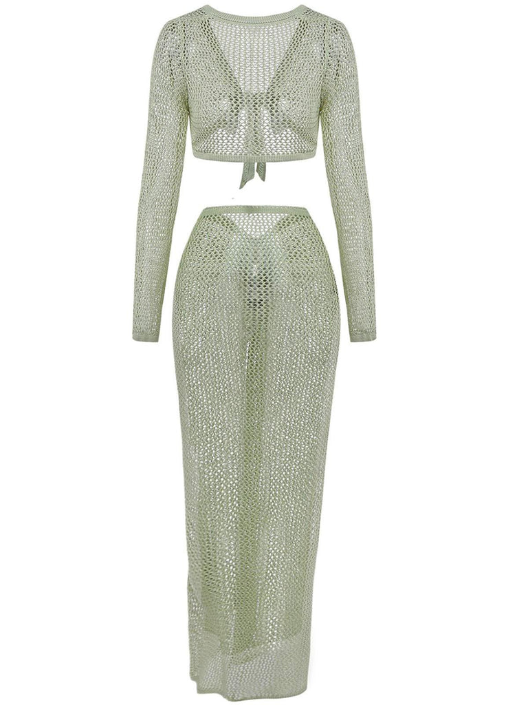 2PCS Ensemble de paréo de plage vert à manches longues en crochet années 1960