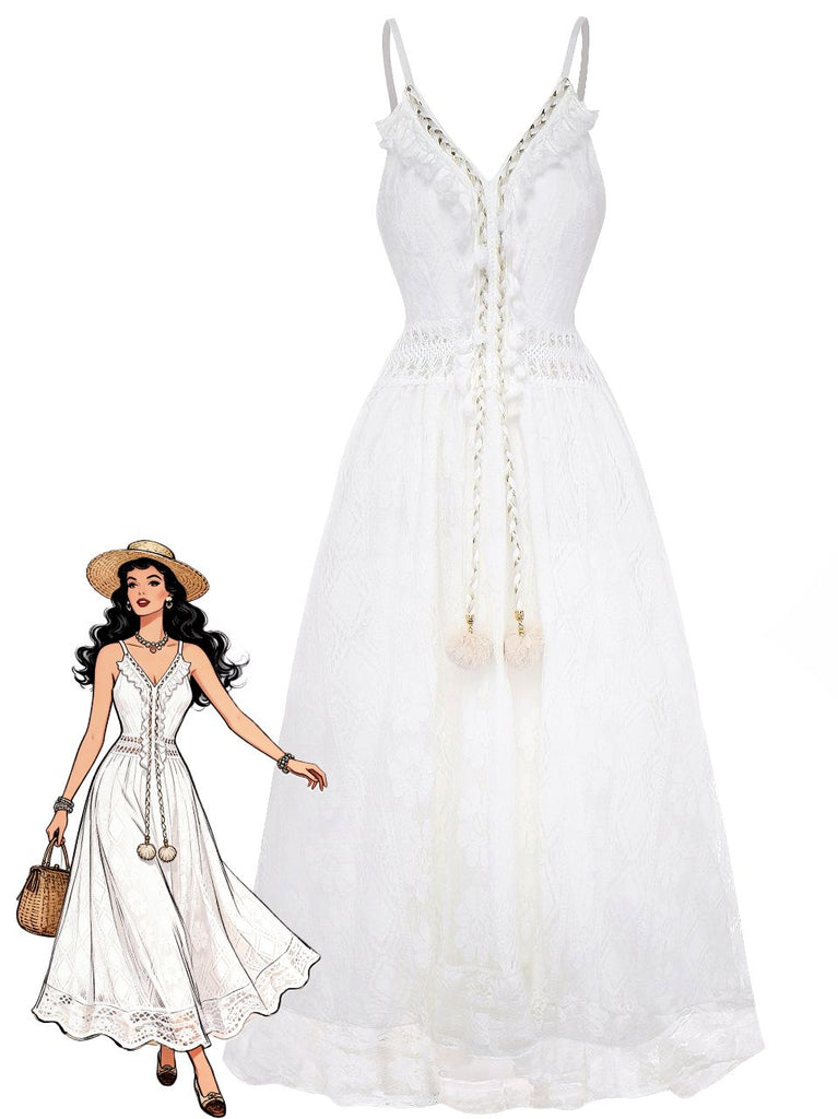 Robe longue bohème blanche en dentelle à col en V années 1970