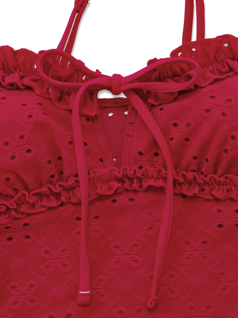 Ensemble tankini rouge à volants brodés années 60