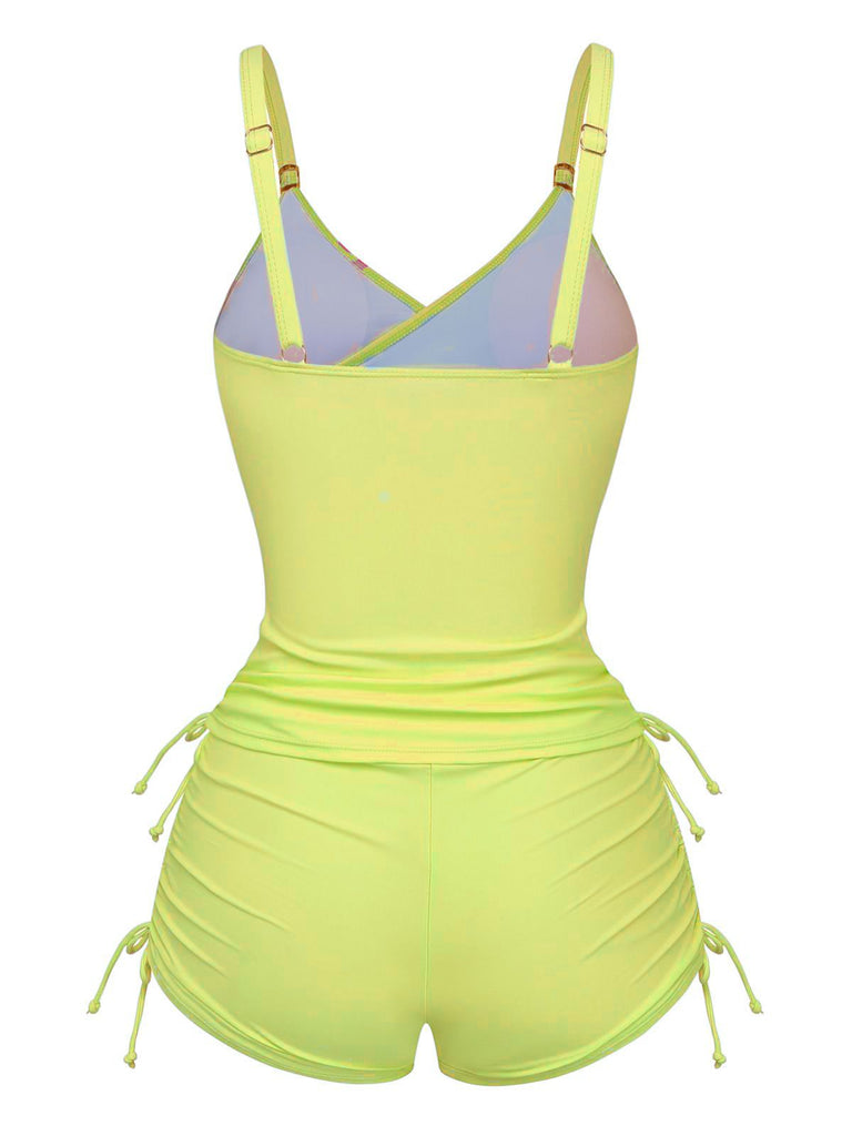 Ensemble tankini à lacets uni à motif floral années 1950