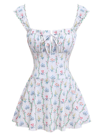 [Prévente] Maillot de bain volants fleurs carré blanc 1970s