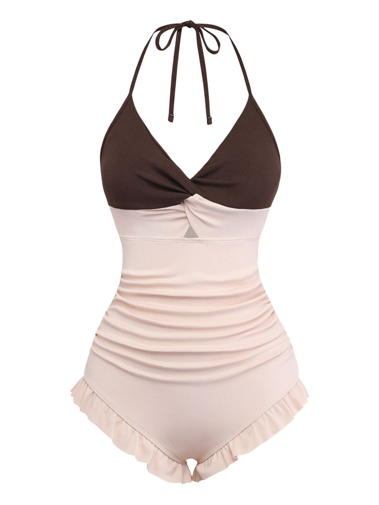 Maillot de bain taille haute volants rose 1940s
