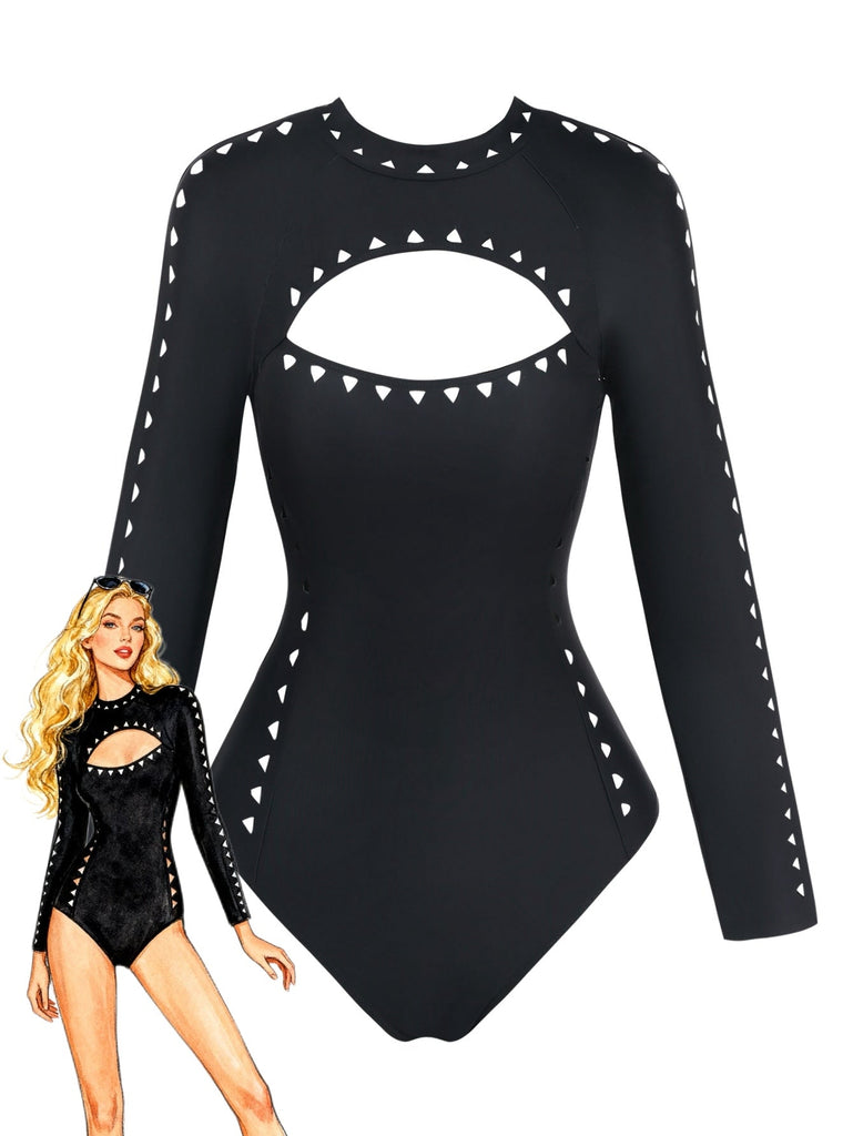 Maillot de Bain Manches Longues Ajouré Uni Noir années 50