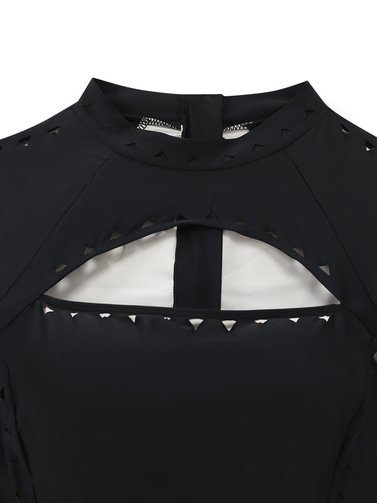 Maillot de Bain Manches Longues Ajouré Uni Noir années 50 5