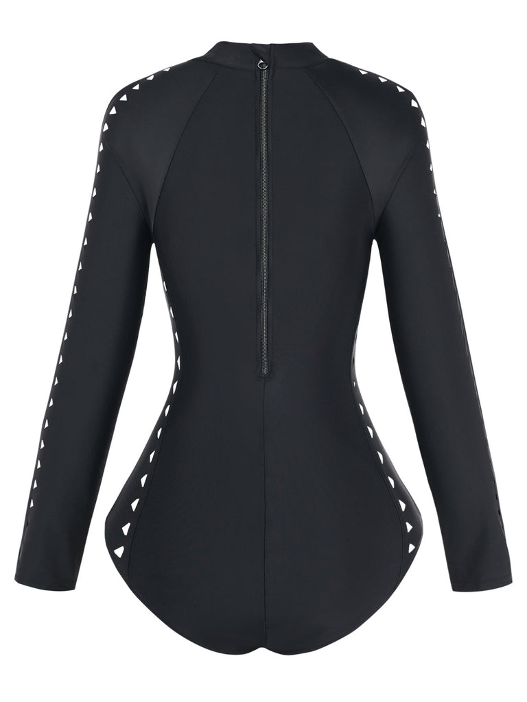 Maillot de Bain Manches Longues Ajouré Uni Noir années 50 3