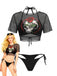 Ensemble Bikini Gothique Tête de Mort Rose Résille et Paréo Noir années 70