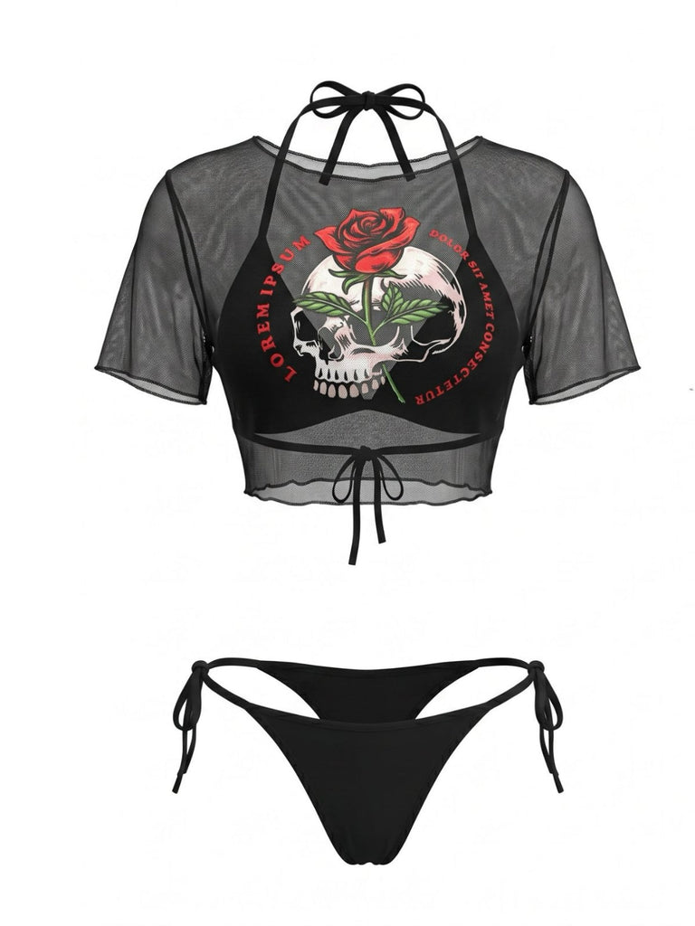 Ensemble Bikini Gothique Tête de Mort Rose Résille et Paréo Noir années 70 2