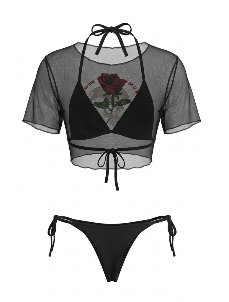 Ensemble Bikini Gothique Tête de Mort Rose Résille et Paréo Noir années 70 3