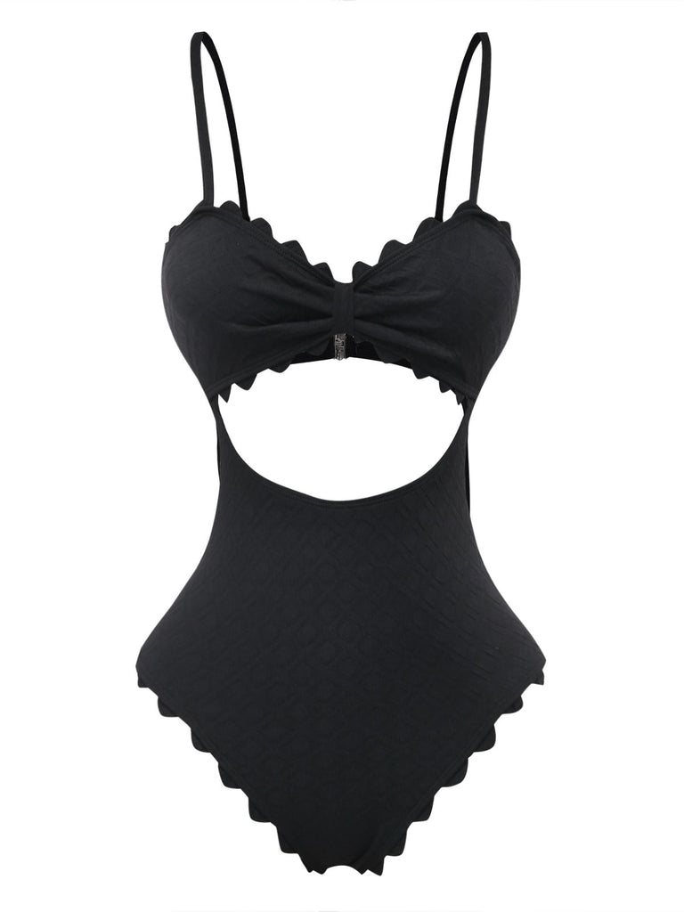 Maillot de Bain 1 Pièce Texturé Ajouré Bordure Festonnée Noir Années 50