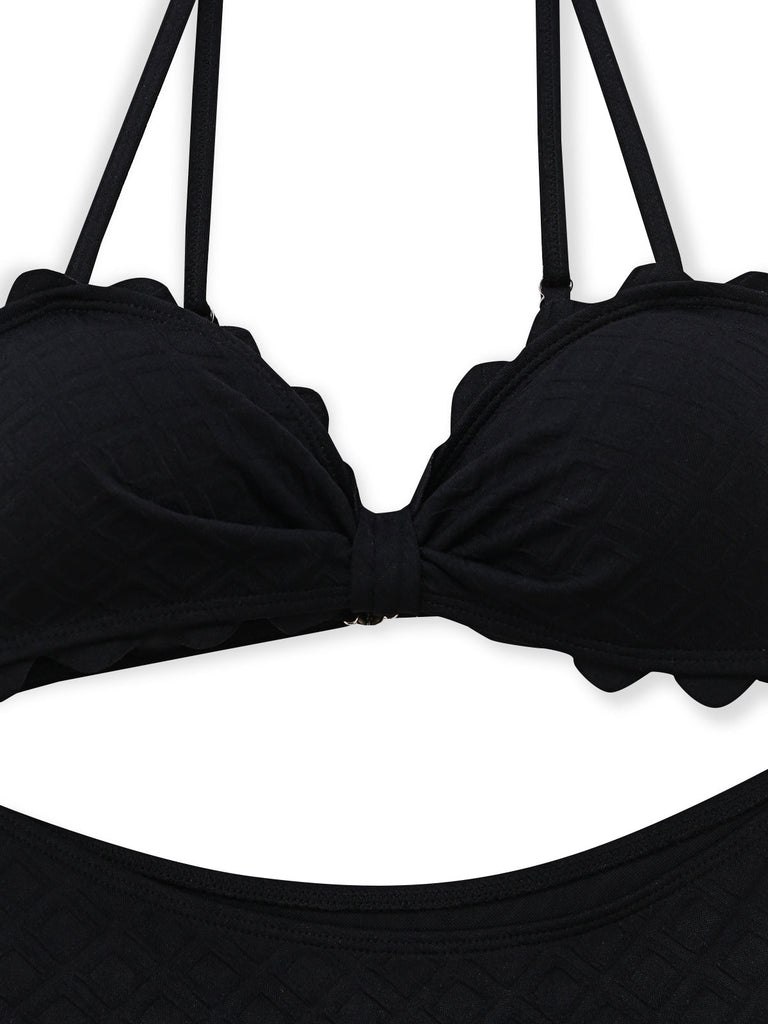 Maillot de Bain 1 Pièce Texturé Ajouré Bordure Festonnée Noir Années 50