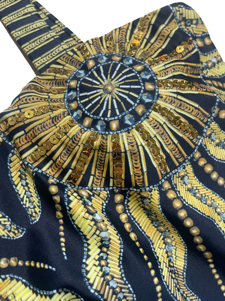 Maillot de bain et paréo dos nu à paillettes noires motif tournesol années 1950