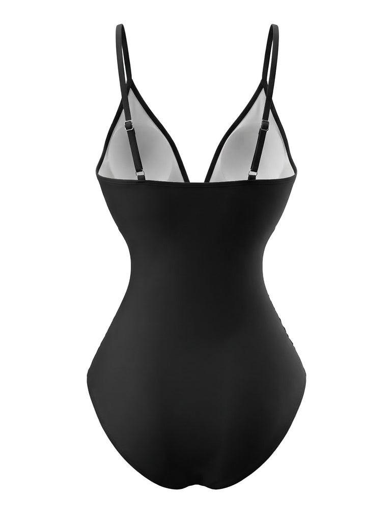 Maillot de bain une pièce fronces et col V fleuri années 1980