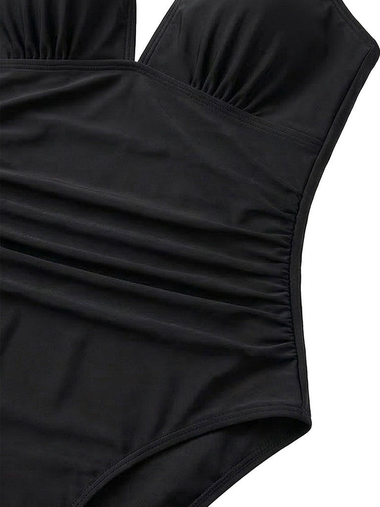 Maillot de bain une pièce fronces et col V fleuri années 1980