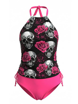Rose Pêche Crâne Rose Imprimé Ensemble Tankini Années 1980