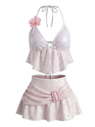 Maillot de Bain Halter à Paillettes 3D Floral Années 1980