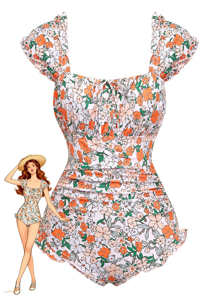 Maillot de Bain Une Pièce à Fleurs Manches Ailettes et Volants Années '50
