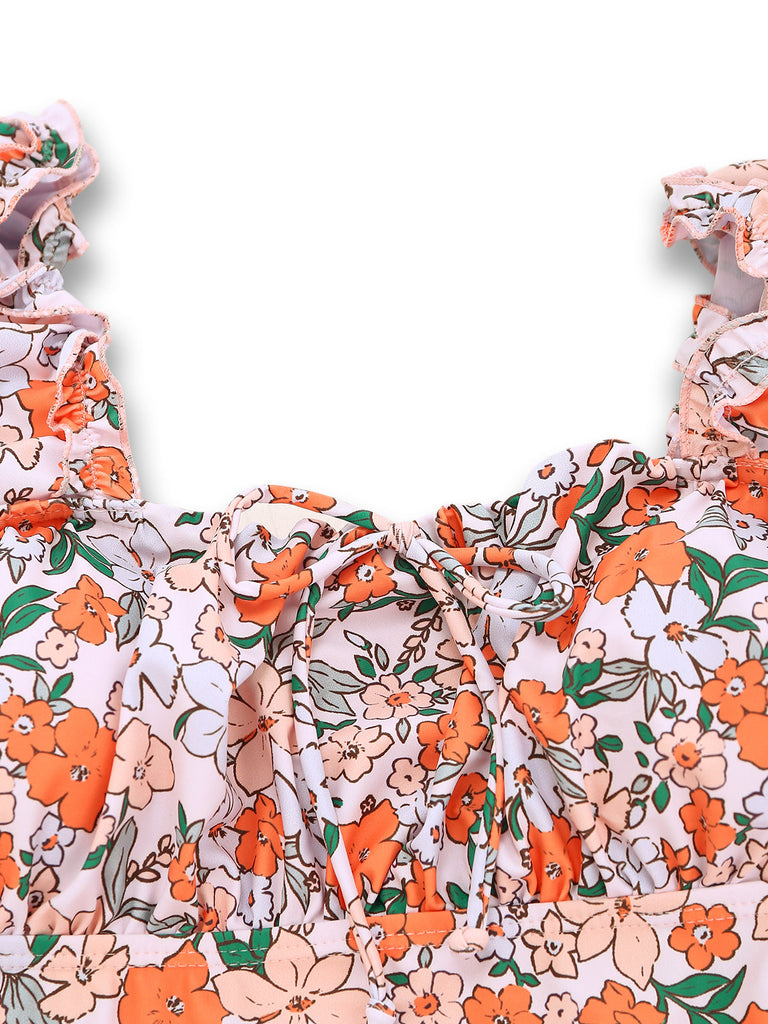 Maillot de Bain Une Pièce à Fleurs Manches Ailettes et Volants Années '50 4