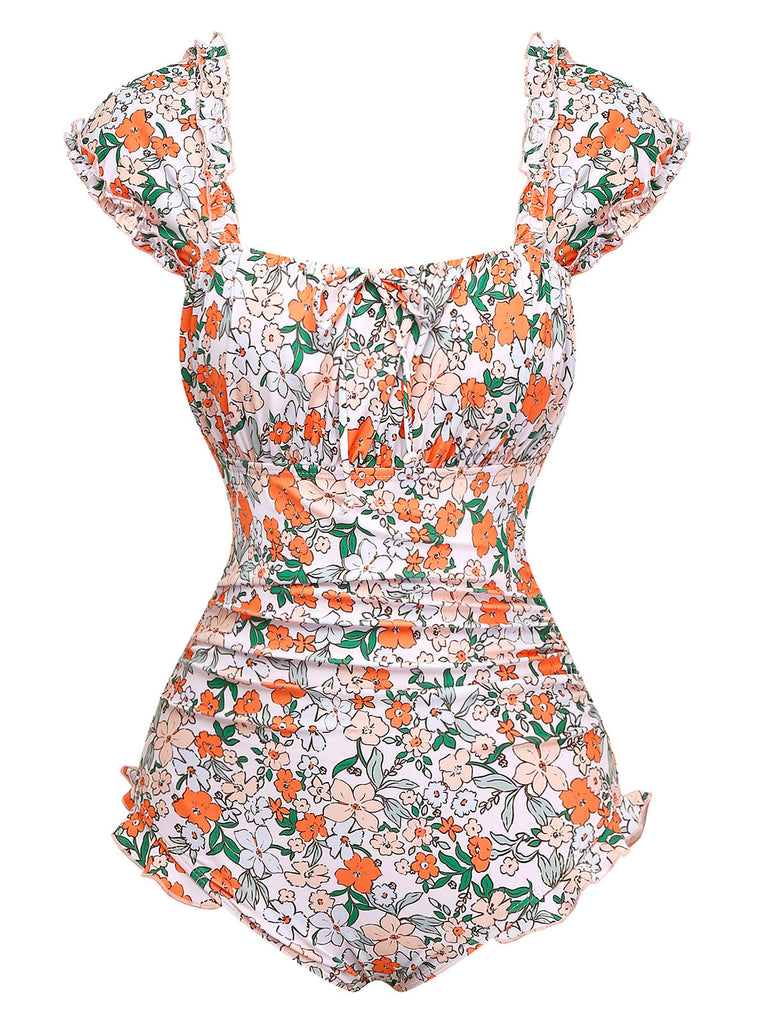 Maillot de Bain Une Pièce à Fleurs Manches Ailettes et Volants Années '50 2