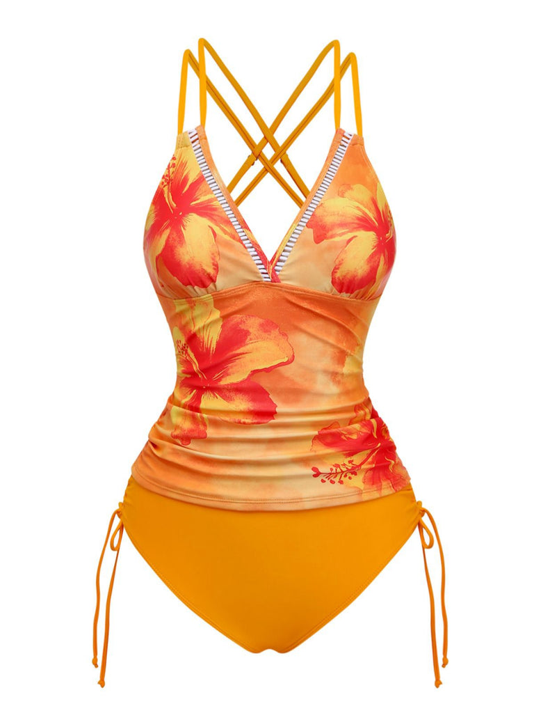 Ensemble tankini patchwork floral à col en V années 1950