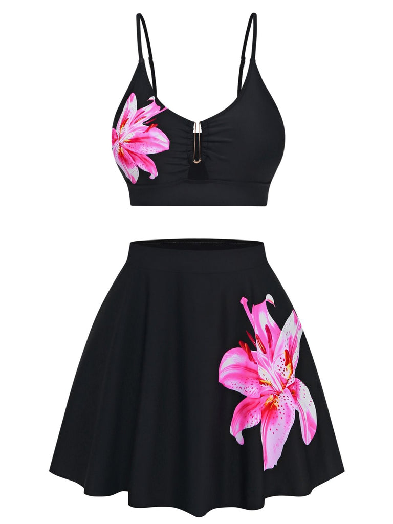 Set Tankini Noir à Fleurs avec Boucle en Métal Années '40 2
