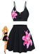 Set Tankini Noir à Fleurs avec Boucle en Métal Années '40