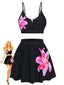 Ensemble tankini noir à motif floral et boucle métallique années 1940
