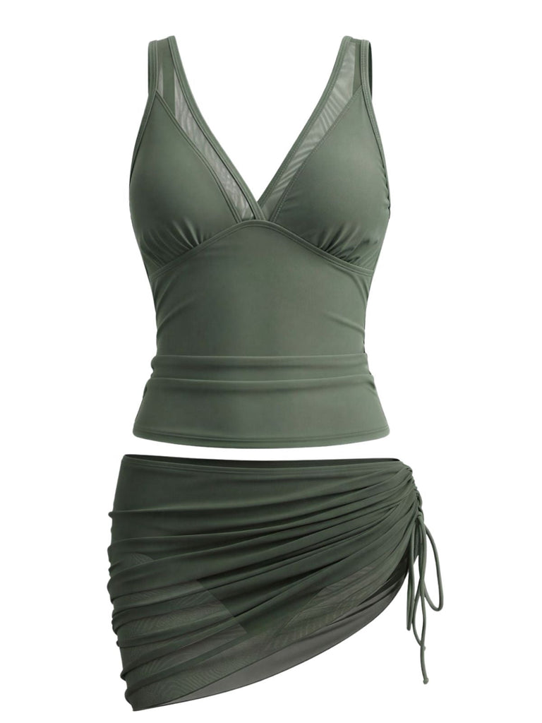 Ensemble Tankini Col V Maille Uni et Jupe Froncée Années 1960 2