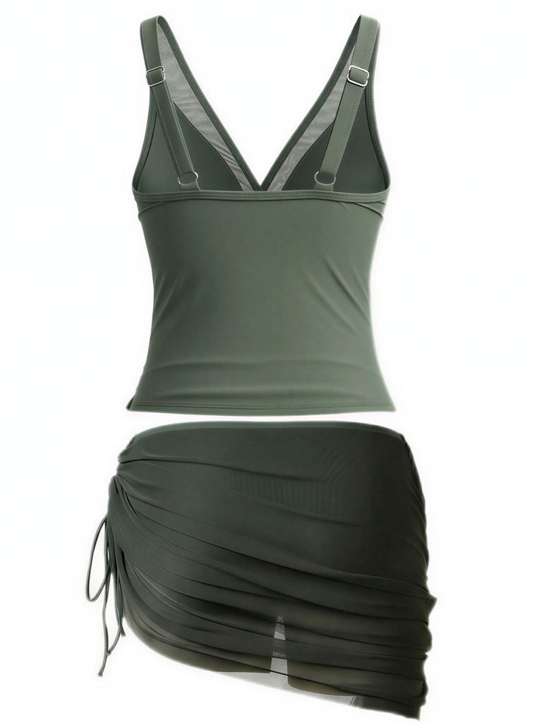 Ensemble Tankini Col V Maille Uni et Jupe Froncée Années 1960 7