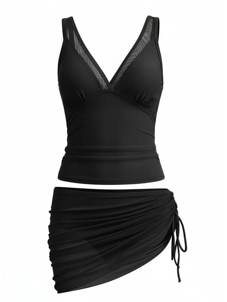 Ensemble Tankini Col V Maille Uni et Jupe Froncée Années 1960 8