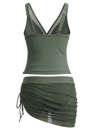 2PCS Ensemble tankini maille unie col V et jupe froncée années 1960