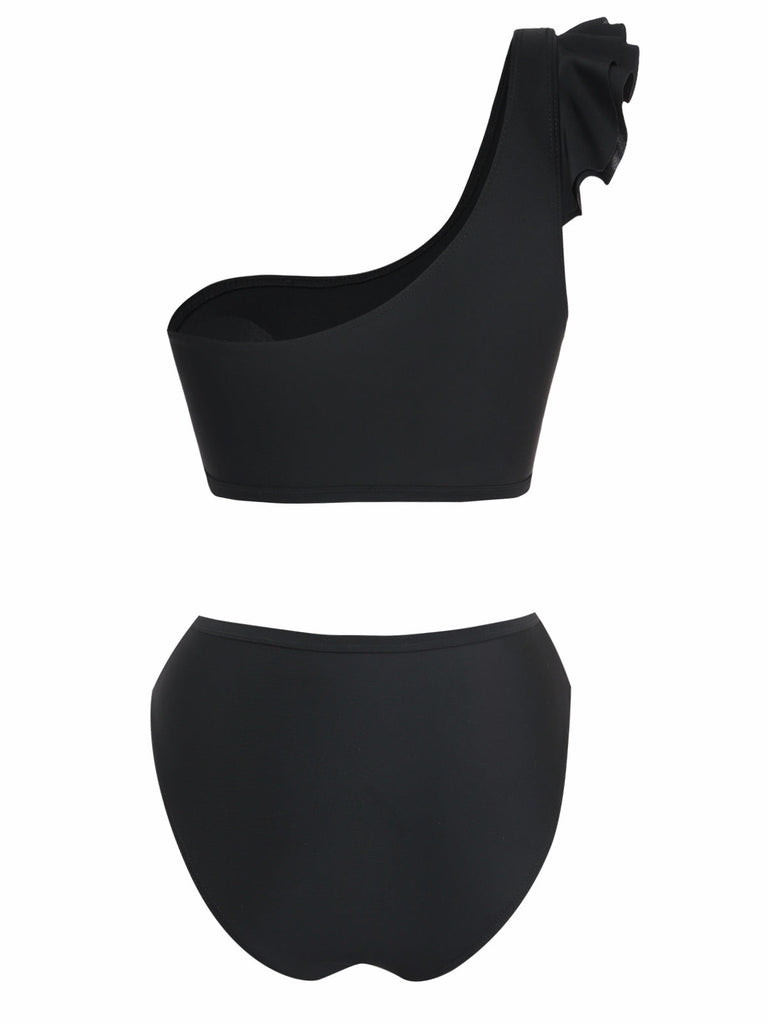 Ensemble Tankini Une Épaule Volant Taille Haute Noir Années 1960 3