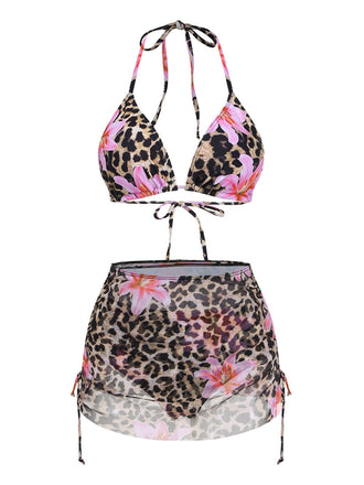 3PCS Ensemble bikini fleuri à imprimé léopard années 1960