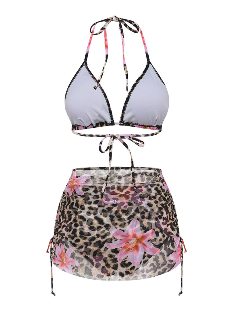 3PCS Ensemble bikini fleuri à imprimé léopard années 1960