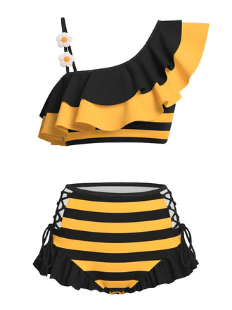[Prévente] Ensemble bikini à rayures abeilles et volants marguerite 3D années 40