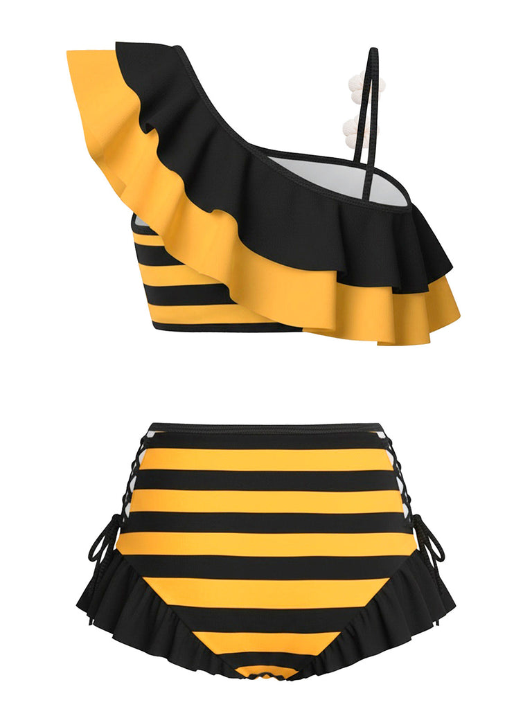[Prévente] Ensemble bikini à rayures abeilles et volants marguerite 3D années 40