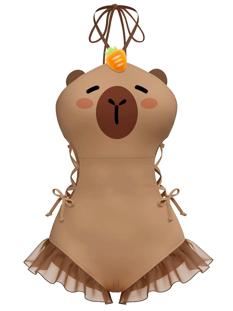 [Prévente] Maillot de bain marron à lacets imprimé capybara années 60