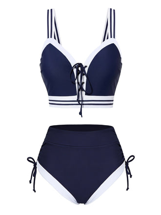 [Prévente] Ensemble bikini à lacets rayé bleu style nautique années 1940