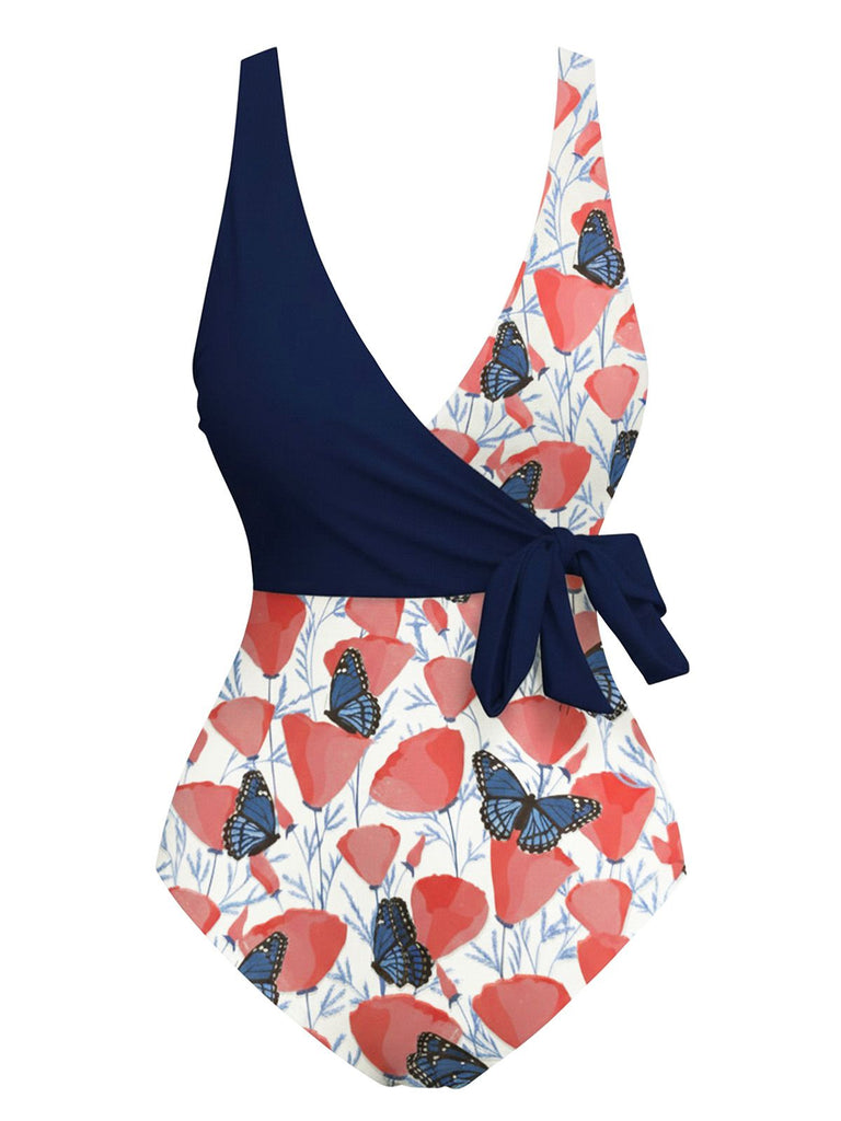 [Prévente] Maillot de bain une pièce bleu marine à imprimé floral et papillons années 50