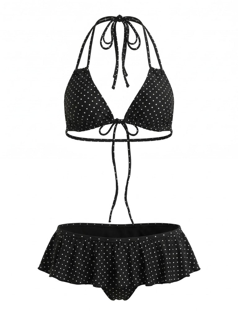 Noir Volant à Lacets à Pois Ensemble Bikini Années 1950 2