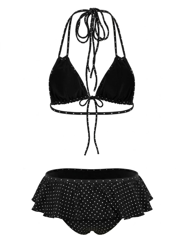 Noir Volant à Lacets à Pois Ensemble Bikini Années 1950 3