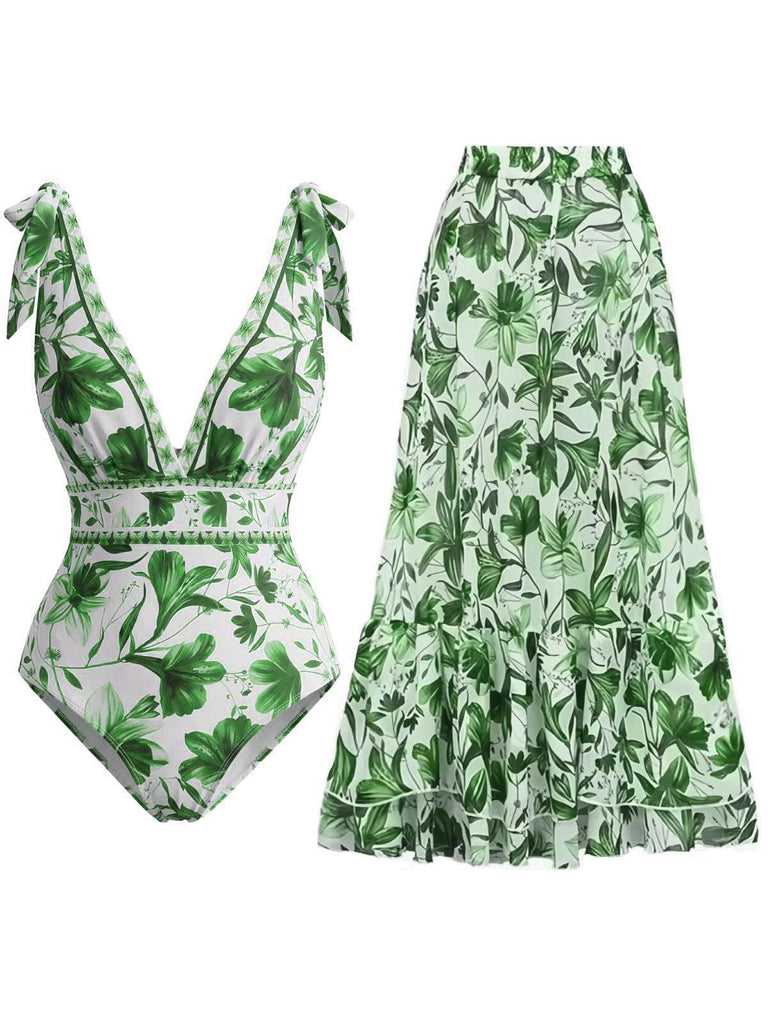 2PCS Maillot de bain bleu à fleurs et cache-maillot années 1940