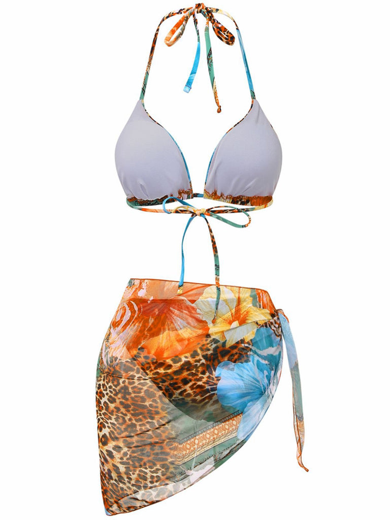 Ensemble bikini licou fleurs léopard et paréo 1950s