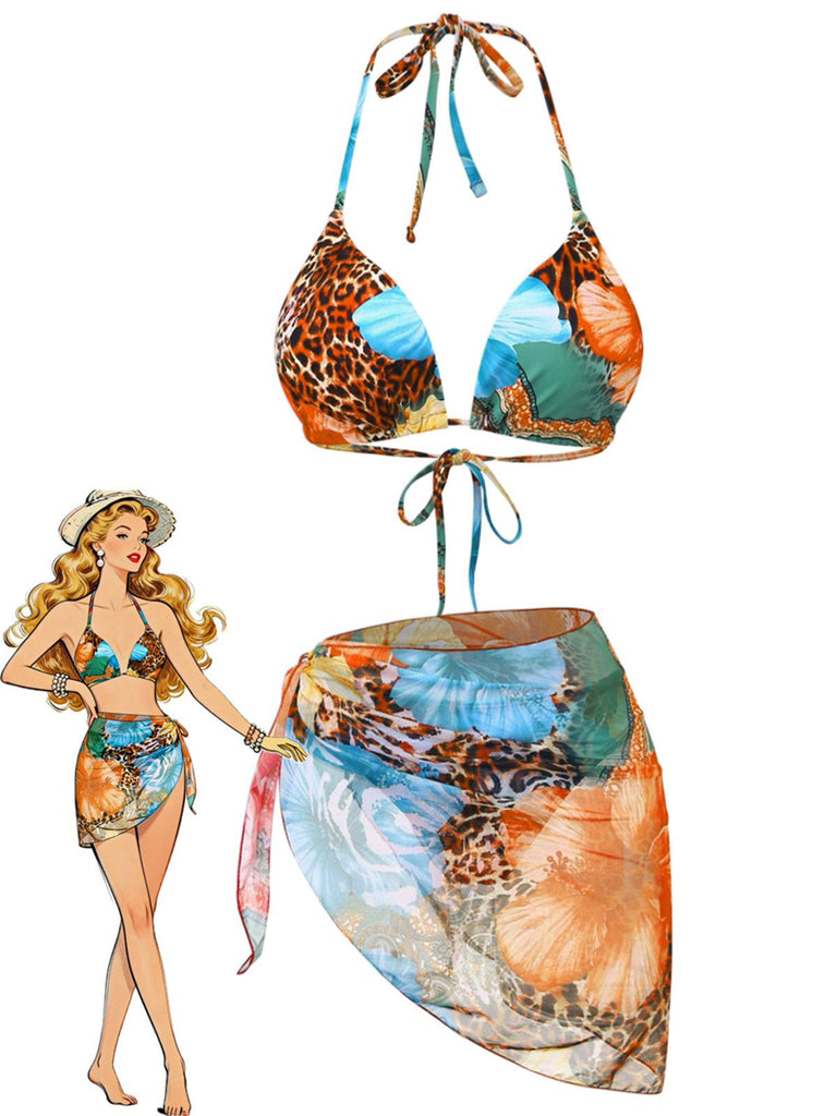 Ensemble bikini licou fleurs léopard et paréo 1950s