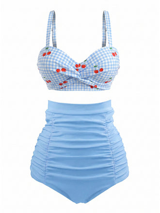 [Prévente] Ensemble Bikini Vintage à Carreaux et Cerises Bleu Ciel Années 1940