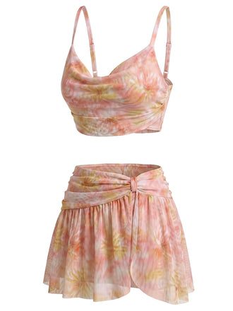 [Prévente] Maillot de Bain 3PCS Floral en Filet Cowl Neck Années 1950 2