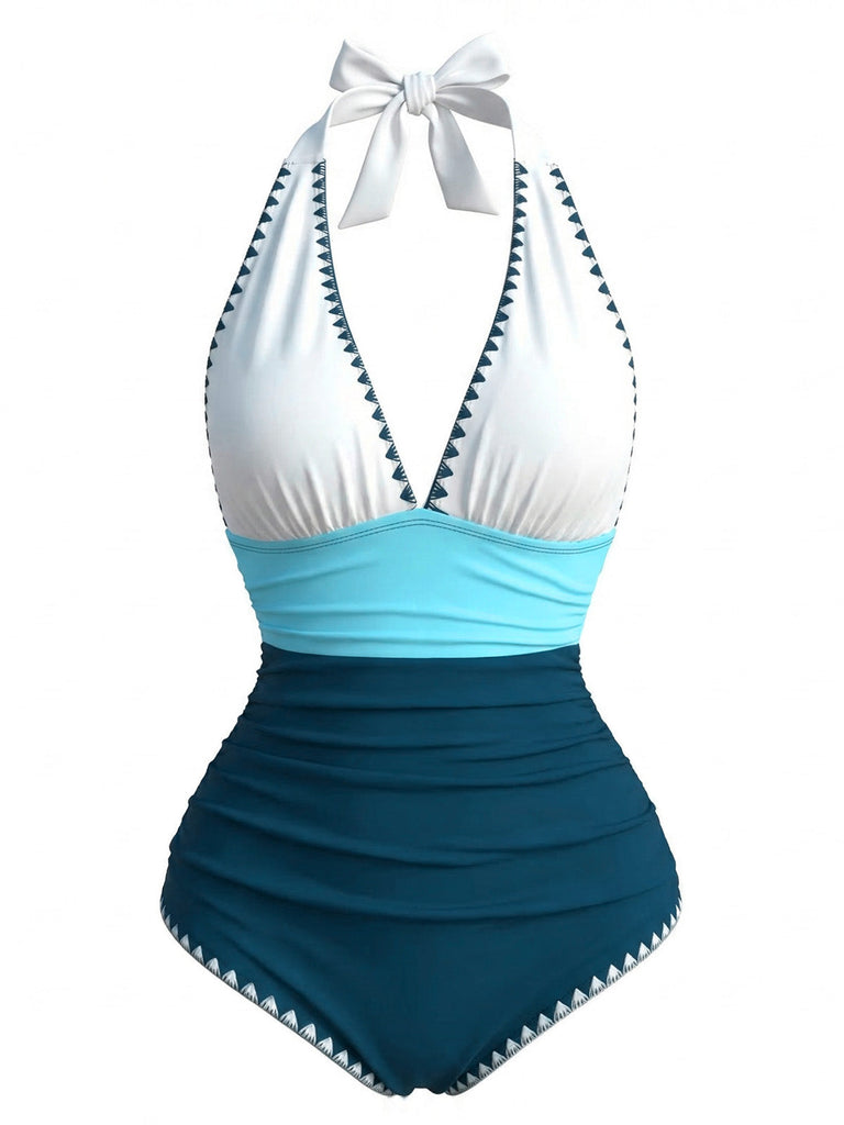Maillot de Bain Une Pièce Bleu et Blanc à Broderie Zigzag Col V Années '50