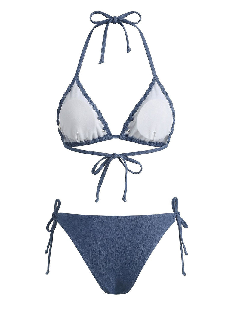 [Prévente] Ensemble bikini bleu faux denim dos nu 1970s