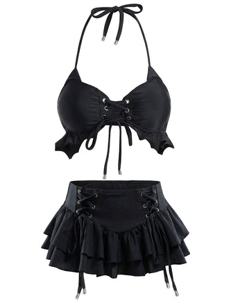 Ensemble bikini noir dos nu avec paréo à volants années 50