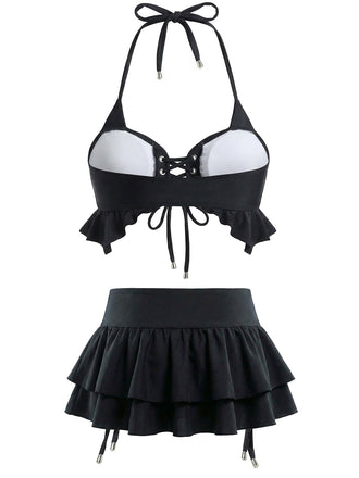 Ensemble bikini noir dos nu avec paréo à volants années 50