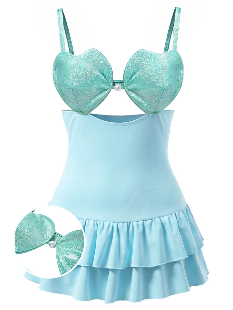 [Prévente] Maillot de Bain à Jupe Ajouré Cœur Bleu Clair années 40